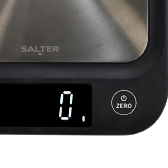 Кухонні ваги Salter 1068 SSBKDR: цифрові, нержавіюча сталь, 5 кг, з функцією тарування, вимірювання рідин (мл/fl. oz), LCD-дисплей, чорний, стильний дизайн, легко миються