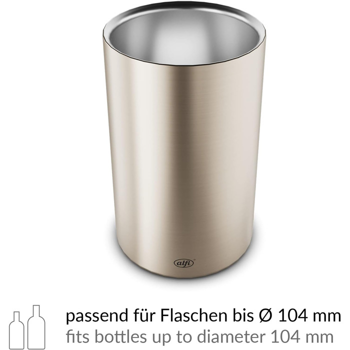 alfi SECCO, Stainless steel bottle cooler for 0.70 to 1l bottles, wine, sparkling wine. Keeps drinks cool without condensation or ice cubes, keeping drinks refreshingly cold until the very last drop. Drinks are dishwasher-safe and BPA-free (Champagne Mat, cylindrical)