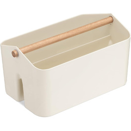 Navaris Storage Box with Wooden Handle - 2 Compartment Box Organizer for Bathroom Kitchen - Basket Storage for Cutlery Cleaning Supplies Portable Small - Cream White