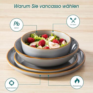 Набір посуду на 6 осіб Vancasso RENO 24 шт. з каменю, сучасний сервіз: обідні, супові, десертні тарілки, миски. Можна мити в посудомийній машині та використовувати в мікрохвильовці, сірий колір.
