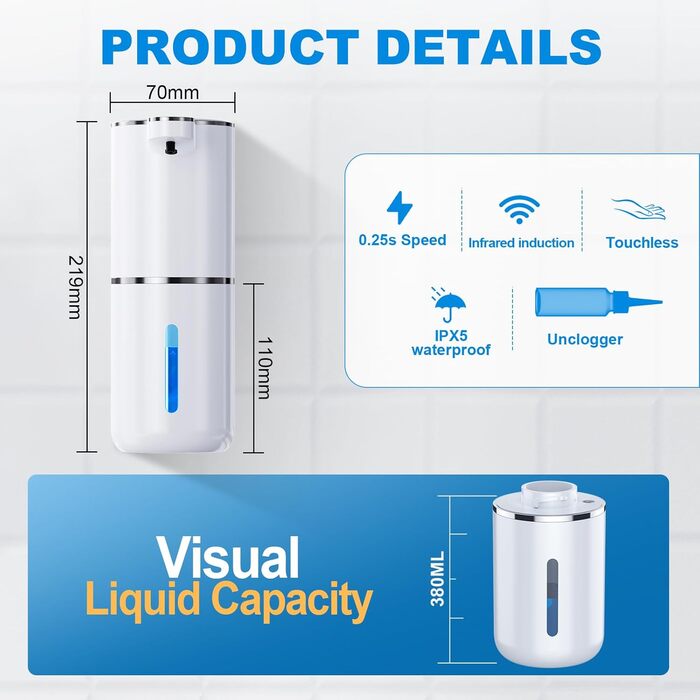 Automatic Soap Dispenser, Wall-Mounted Touchless 380ml Electric Soap Dispenser with Sensor, USB Rechargeable Foam Soap Dispenser for Bathroom, Kitchen, Office