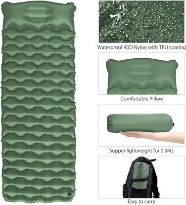 Isomatte Camping Ultralight Inflatable Sleeping Pad with Pillow - Waterproof Folding Air Mattress for Camping, Hiking, Travel & Backpacking (Green)
