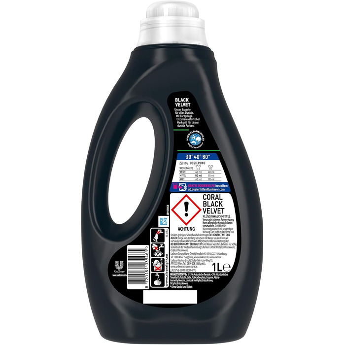 Рідкий засіб для прання чорної білизни Coral Black Velvet з Color Shine Tech та сироваткою для захисту волокон, 6 x 1 л (6 л)