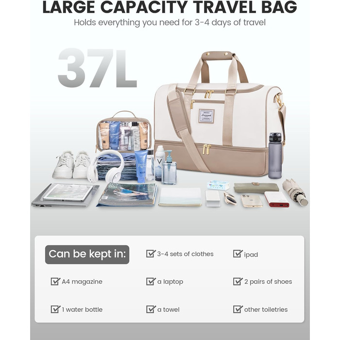 Сумка-мішок LOVEVOOK для подорожей, 37L, жіноча, для ручної поклажі, weekender, з органайзером для косметики, відділенням для взуття та вологонепроникним кишеням, водонепроникна спортивна сумка, пляжна сумка, для відпочинку, авіаперельотів, кемпінгу, M, K