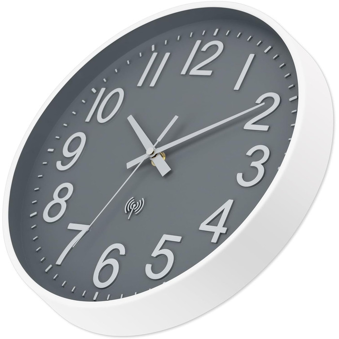 Foxtop Wall Clock Radio-Controlled Wall Clock 30 cm Silent & No Noise Large Dial Analog No Ticking For Kitchen, Living Room, Bathroom DCF Radio Signal Modern Design White-Gray