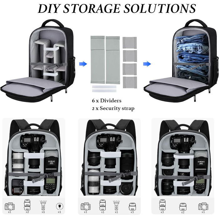 Водонепроникний рюкзак для фотоапарата: камера, DSLR, SLR, об'єктив, штатив, аксесуари, чорний