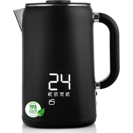 Електричний чайник-заварник Lehmann з нержавіючої сталі, 1,7 л, терморегуляція 45-100°C, з термостатом та дисплеєм, чорний