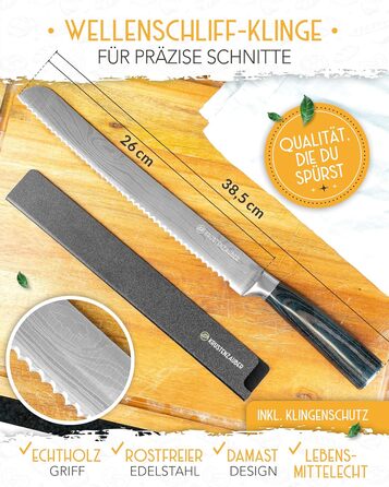 Ніж для хліба KRUSTENZAUBER з хвилястим лезом 20 см, великий ніж для хліба з довговічної нержавіючої сталі для точного та легкого нарізання, пиляльний ніж для хліба та булочок (26 см, дерев'яний грифель)