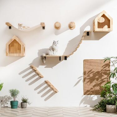 FUKUMARU Cat Wall Hammock, 91 x 33 cm Cat Bridge made of natural solid rubber wood, Wall Cat Bed for DIY Cat Highway and Cat Wall for Cats