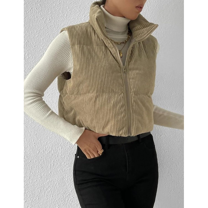 Жіноча куртка Gihuo з наповнювачем Cord, кроп-модель, комір-стійка, застібка на блискавку, стьобані рукави (M, Хакі)