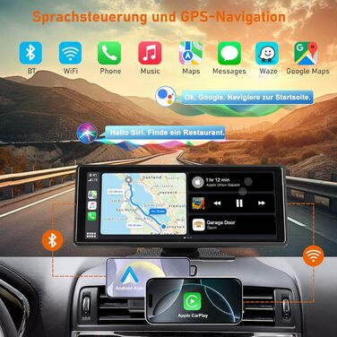 Автомобільний дисплей 10.26'' IPS, бездротовий CarPlay та Android Auto, сенсорний екран 1080P, портативний, підтримка Google і Siri Assistant, модель S5