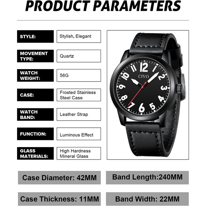 Чоловічий годинник CIVO з великими цифрами: аналоговий класичний годинник на зап'ясті з великими цифрами - водонепроникний кварцовий військовий годинник для чоловіків зі світловим покриттям - подарунок для чоловіків, людей похилого віку з поганим зором (A3 Чорний)