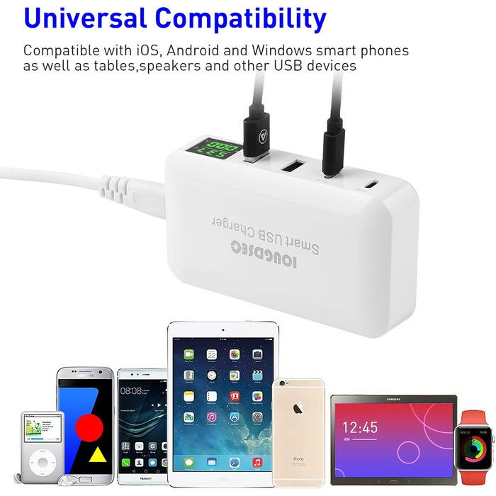 Зарядна станція Schnellladestation PD20W QC3.0 7-в-1 з LCD-дисплеєм, USB-роз'єми, сумісна з iPhone, iPad, Samsung, Huawei (Чорний)