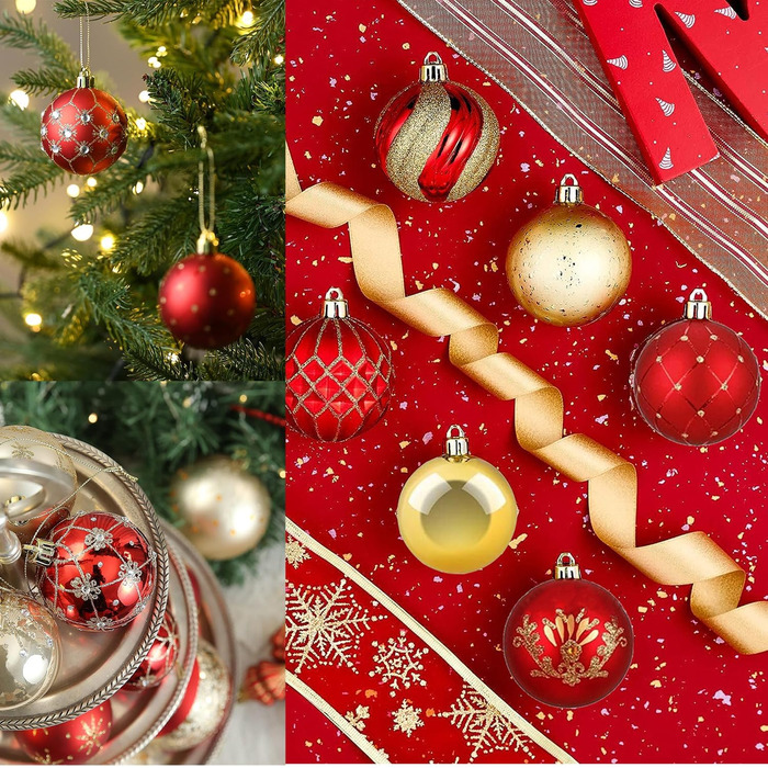 Набір новорічних кулічок для ялинки, 30 шт, 60 мм, пластик, з гачками, для прикраси ялинки, на Новий рік, весілля, свята (червоний, золотий)