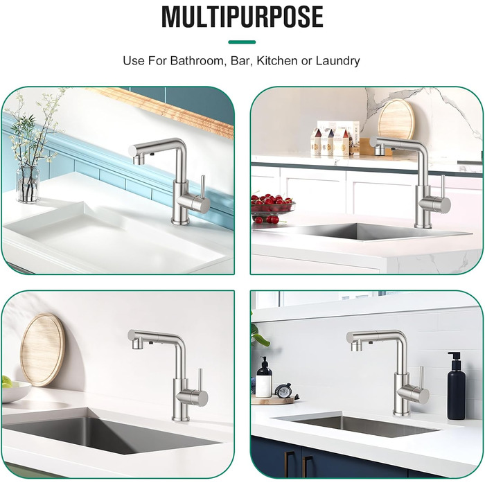 Кран кухонний CREA з 3 функціями, висувна лійка, поворот на 360°, матовий (з нержавіючої сталі)