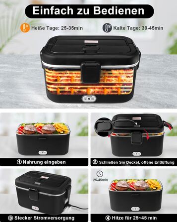 AUTOPkio Electric Lunch Box 1.8L 80W, 12V 24V 220V Large Heated Food Warmer with Bag, Stainless Steel Fork, Spoon for Car, Truck, Office (Black)