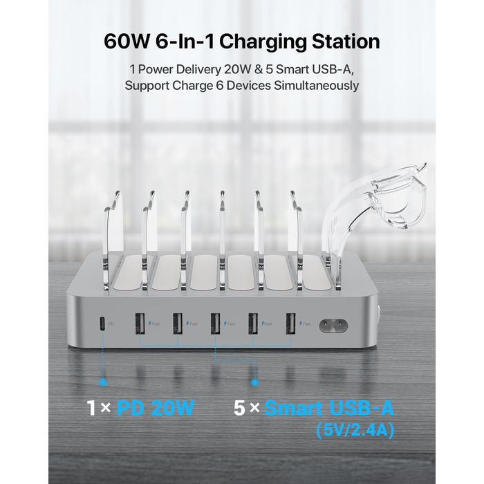 Зарядна станція SooPii USB 60W/12A з 6 портами, органайзер для декількох пристроїв з тримачем для Apple Watch, 6 кабелів в комплекті (срібло)