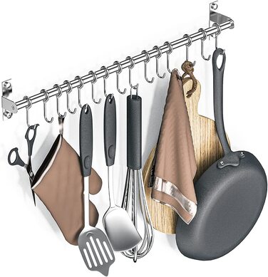 Booxihome Kitchen Rail Stainless Steel Hanging Rail Kitchen Utensil Holder Rustproof Pan Holder Cup Holder with 15 Hooks for Kitchen Aids Cooking Accessories Kitchen Utensils (60cm)…