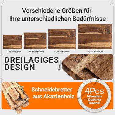Набір дерев'яних обробних дощок – 4 шт. з акації, жировідштовхувальне покриття • Міцний, довговічний та стильний набір для кухні