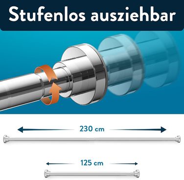 Висувна штанга для душу Benkstein® без свердління, 125-230 см - нержавіюча сталь, 12 кілець, телескопічна, стабільна, без свердління