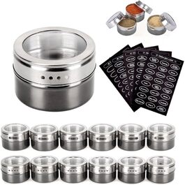 Kingmate 12-Piece (Gray) Spice Jars - Magnetic Stainless Steel Spice Jars, 96 Spice Labels & 24 Blank Labels, Spice Rack Spice Jar Set - Glass Magnetic Spice Box