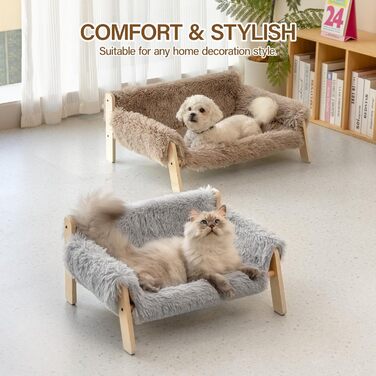 MEWOOFUN Elevated Cat Bed Sofa made of Wood, Sturdy Large Cat Sofa – Fashionable Cat Stool with Removable Mattress Cover. Supports up to 10 kg (70x53cm, Light Brown)