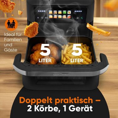 Фритюрниця повітряна ProfiCook XXL з 10л, 2 камери, сенсорне управління, 10 програм, 80-200°C, чорна