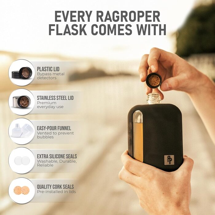 Стильна скляна фляга Ragproper для віскі та лікерів з силіконовим чохлом та пробкою, 240 мл, чорна