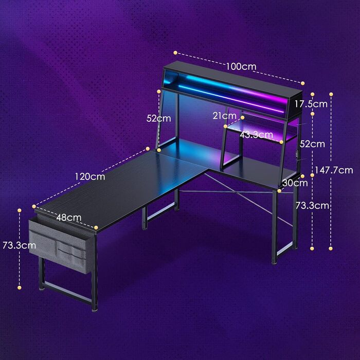 Ігровий стіл Coleshome L-подібний з LED підсвічуванням, 10 кольорів, полиці та кишені для зберігання, для дому та геймерів, чорний (150x100 см)