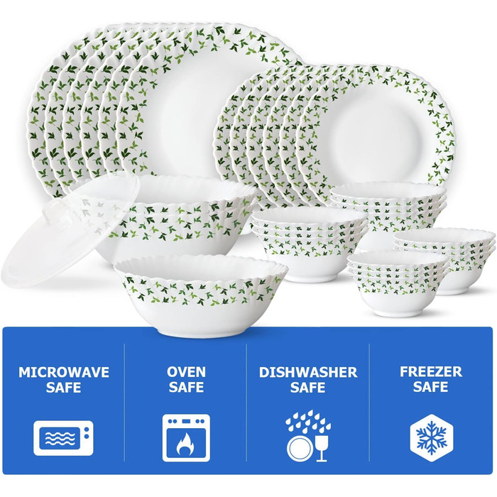 Набір посуду Larah, 35 предметів: тарілки, миски, кришки, ложки, сервіз на 6 осіб, о pal, міцний, легкий, для мікрохвильовки та посудомийної машини, білий з зеленими квітами