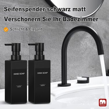 Дозатор для мила GMISUN для ванної кімнати та кухні, 350 мл, чорний скляний диспенсер з піддоном та водонепроникними етикетками (2 шт)