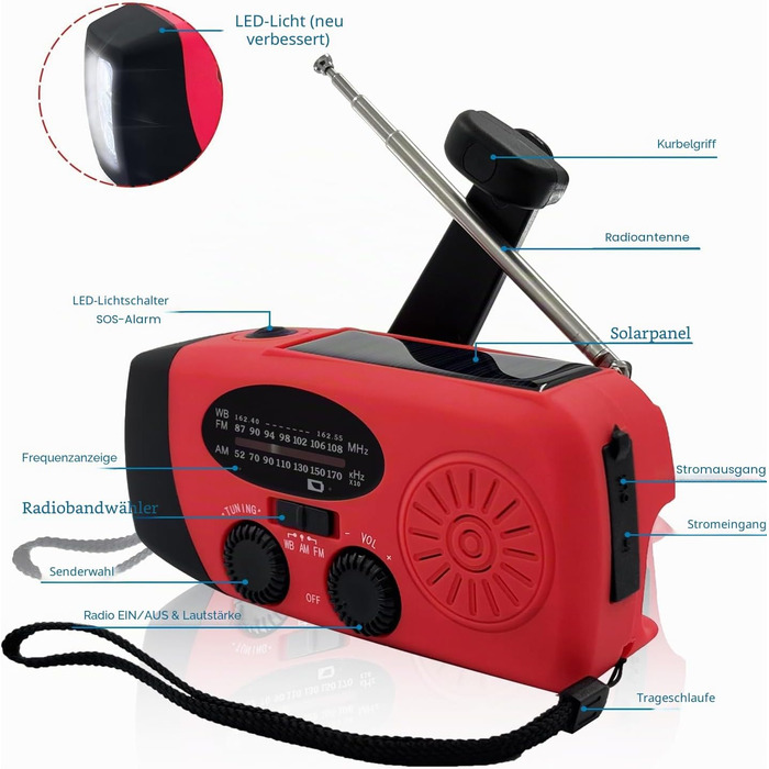 Сонячна радіостанція з ручним заводом 2000mAh, AM/FM/NOAA, USB-зарядка, заряд для телефону, SOS-сигнал, LED-ліхтарик для кемпінгу та походів (Червоний)