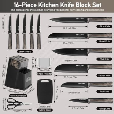 Набір кухонних ножів Messerblock з 16 предметів, з дощечкою, захистом пальців, точилкою та кухонними ножицями, професійний набір для дому (зелений, чорний)