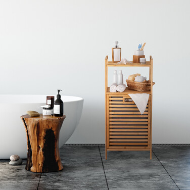 Relaxdays Bamboo Bathroom Shelf with Laundry Basket