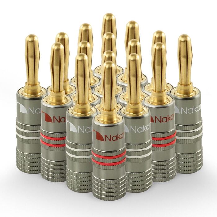 Бананові роз'єми Nakamichi Ultimate Series для акустичних кабелів 12-18 AWG, берилієво-мідні з 24K золотим покриттям, 4 мм, для HiFi колонок та підсилювачів, 16 шт (8 пар)