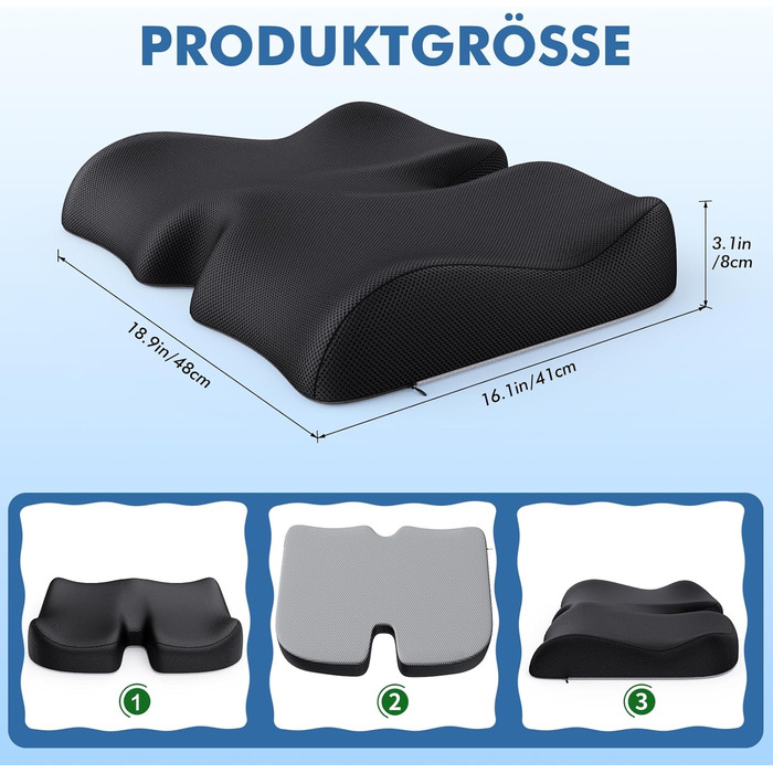 Подушка ортопедична з піни Memory Foam Benazcap для сидіння: зняття тиску, для авто, офісу, геймінгу, дому. Знімний чохол (45x41x8 см)
