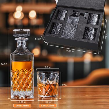 LIGHTEN LIFE Whisky Decanter and Glasses Set, Whiskey Decanter Set, Whiskey Gift Set, 849 ml Crystal Whisky Decanter with 4 Glasses 280 ml in Gift Box (5 Pieces)