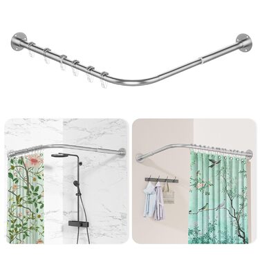 Регульована штанга для душу L-подібної форми, 60-134 см, з кріпленням для штори та підставкою для стелі, для ванни/ванної кімнати, срібна