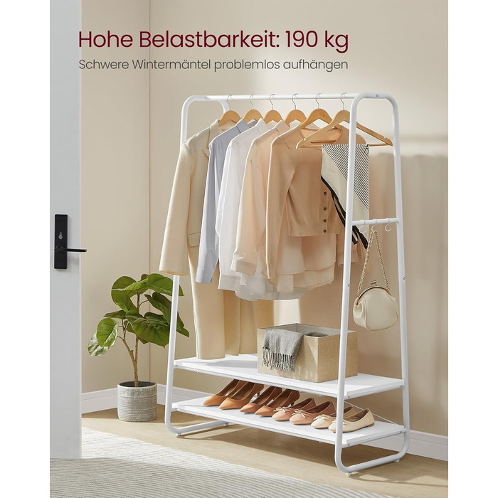 VASAGLE Clothes Rack, Coat Stand, Wardrobe, 2 Shelves, 6 S-Shaped Hooks, Steel Frame, for Bedroom, Hallway, Entrance Area, Cloud White-Matt White RGR112W02