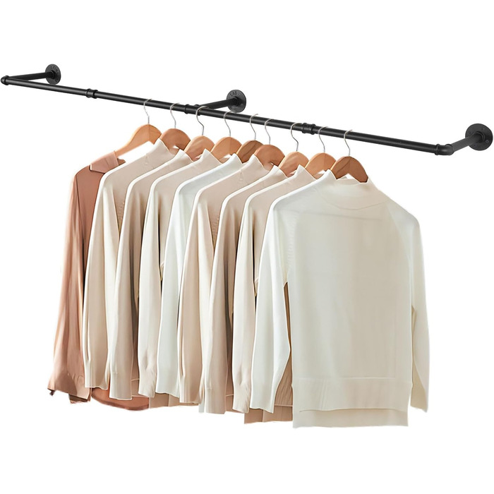 Yawinhe Industrial Pipe Clothes Rails, 180cm Clothes Rack for Wall, Space-Saving Wall Shelf Kitchen Shelf with 3 Bases, for Business, Black, 1-Pack, YMG004