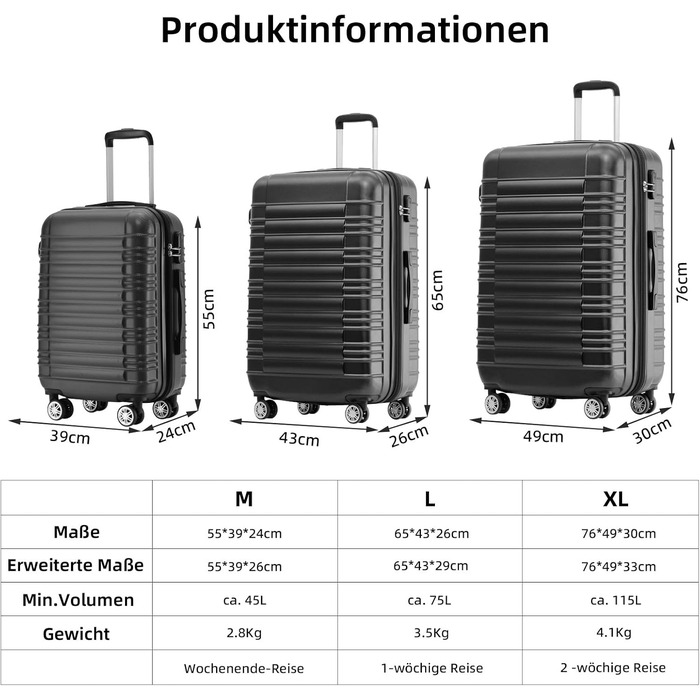 Набір валіз Beibye Zwillingsrollen - 3 шт. (M, L, XL), чорний, жорсткий корпус