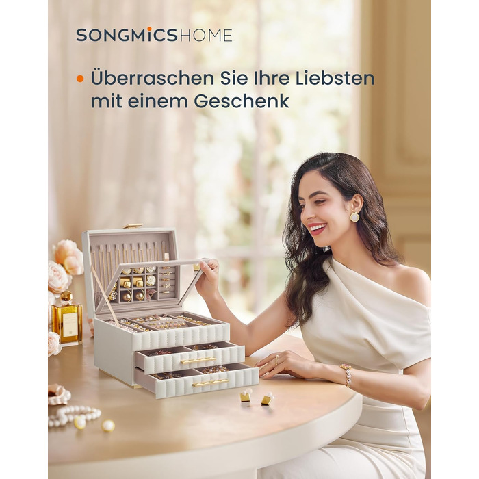 SONGMICS HOME ANAH - Шкатулка для прикрас зі дзеркалом, 3 ящики, 2 висувні шухляди, PU шкіра, ефект пасування, 21,5 x 24 x 15,8 см, подарунок, хмарно-білий JBC183W01