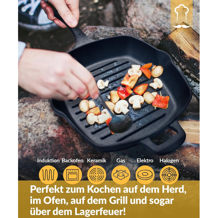 Чавунна гриль сковорода Chefarone 25.5 см з носиком – емальована сковорода для стейків, підходить для індукції, газу, склокераміки та духовки