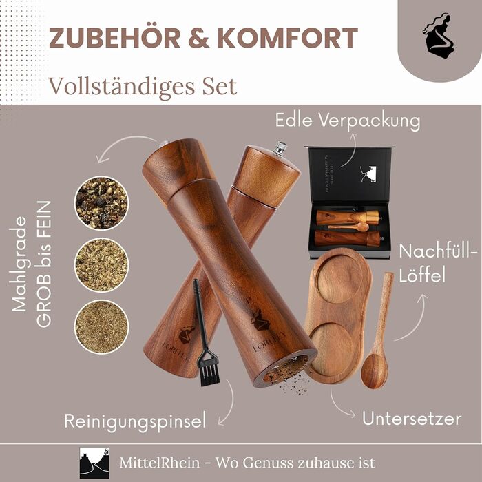 Дерев'яна мельниця для солі та перцю LORELEY® Mittelrhein Germany з керамічним жорном – з підставкою та пензлем – подарункова упаковка. Ідеальний подарунок на весілля або новосілля (Luxury Holz)
