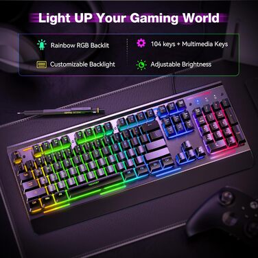 TECKNET RGB ігрова клавіатура для ПК, мембранна, 105 клавіш, повнорозмірна металева панель, підставка для зап'ястя, 15 зон RGB підсвічування, 25 антиблінгувальних клавіш, QWERTY (американська)