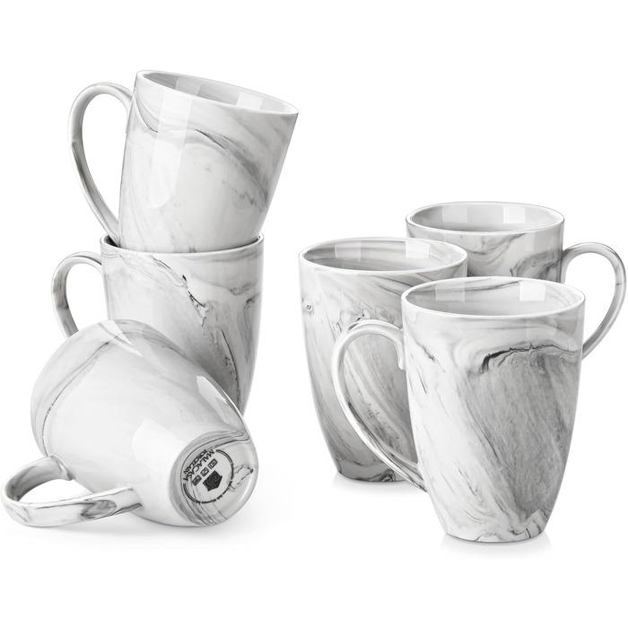 MALACASA Coffee Mug Set of 6, 560ML Porcelain Cups, Large Modern Coffee Mugs with Handles for Tea, Juice, Latte, Cappuccino, Hot Chocolate. Dishwasher and Microwave Safe, REG Marble Gray Series