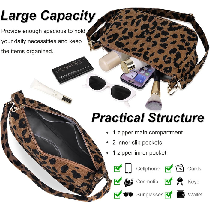 Сумка жіноча FITDON через плече Cord Hobo Bag Y2K леопардова міні, з 3 знімними ремінцями