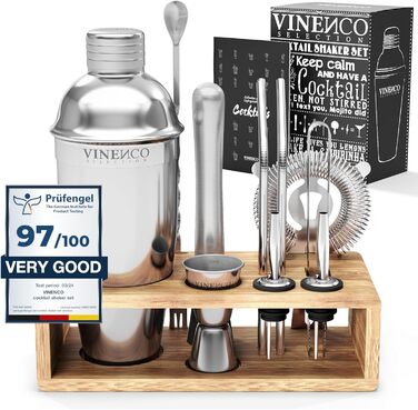 Cocktail Shaker Set with Stand & Recipe Book: Premium Stainless Steel Bar Cocktail Set, Cocktail Shaker, Measuring Jigger, Straws, Bar Spoon, Muddler | Bartender Bar Set Cocktail Accessories Gift for Women Men