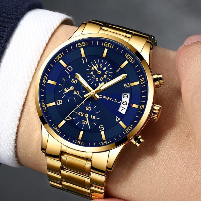 Чоловічий годинник CRRJU Business з нержавіючої сталі, водонепроникний хронограф з календарем, аналоговий кварцовий годинник з нержавіючої сталі (Золотий, Синій)