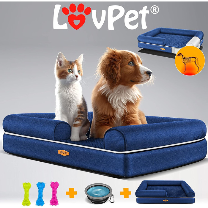 Ортопедичне ліжко для собак з подушкою та мискою, 3 іграшки, лежанка для собак маленьких, середніх та великих порід, знімний та пральний чохол, 106x80x22 см, Navyblau L (106 x 80 x 25 см) Navyblau